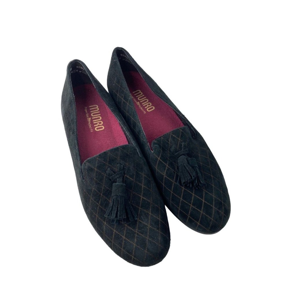 -Munro Tallie Tassle Black Suede Flat Loafer Slip On 8N Diamond Print Comfort
